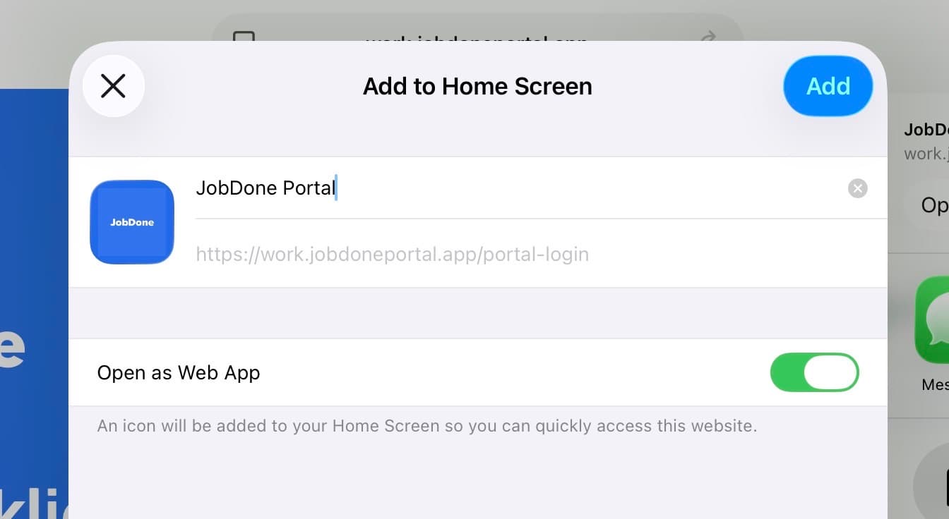 Add to Home Screen dialog for JobDone Portal