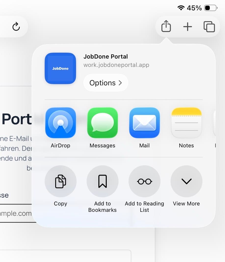 Safari Share menu for JobDone Portal