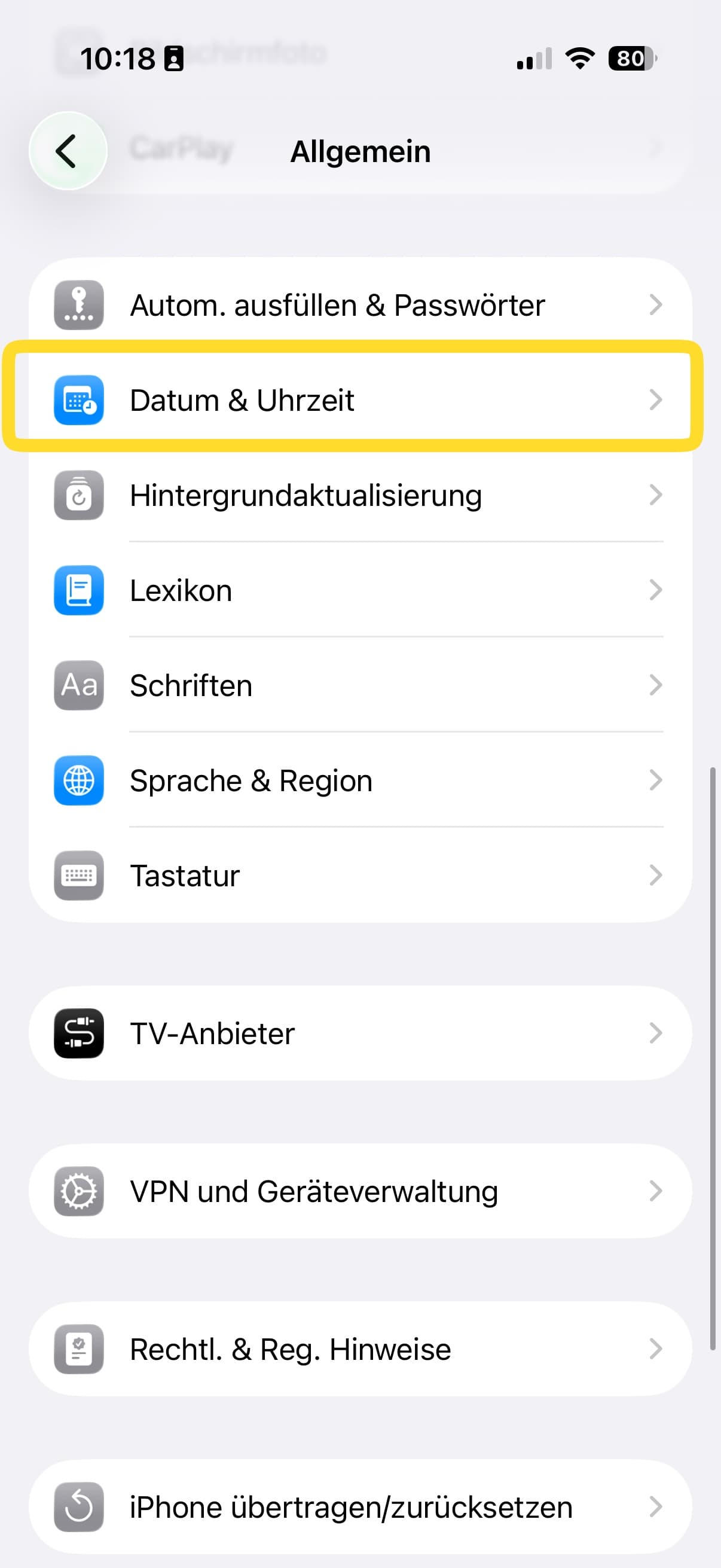 iPhone General settings with Date and Time highlighted